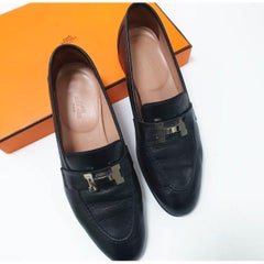 HERMES  BLACK GOLD H BUCKLE LOGO LOAFERS Sz.37.5
