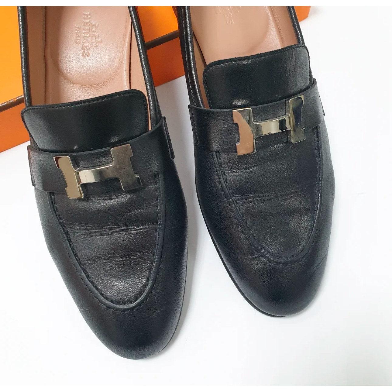 HERMES  BLACK GOLD H BUCKLE LOGO LOAFERS Sz.37.5 (Schwarz) im Angebot