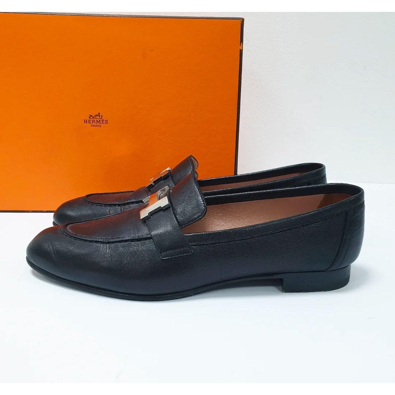 HERMES  BLACK GOLD H BUCKLE LOGO LOAFERS Sz.37.5 Damen im Angebot