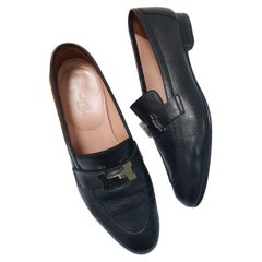 HERMES  BLACK GOLD H BUCKLE LOGO LOAFERS Sz.37.5