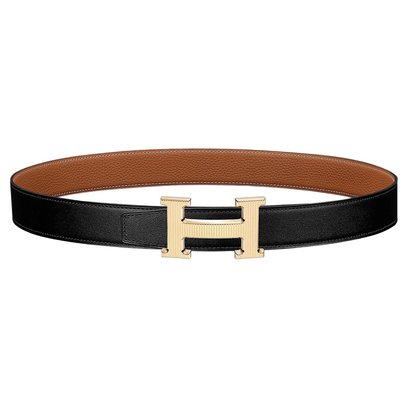 Hermes Black/Gold H Striee belt buckle and Reversible leather strap 32