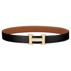 Hermes Black/Gold H Striee belt buckle & Reversible leather strap 32 mm Size 120