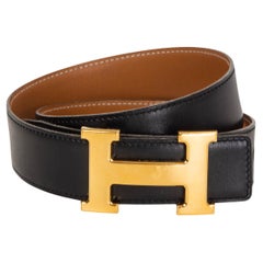 HERMES black & gold leather 32mm REVERSIBLE 5382 H Belt 70