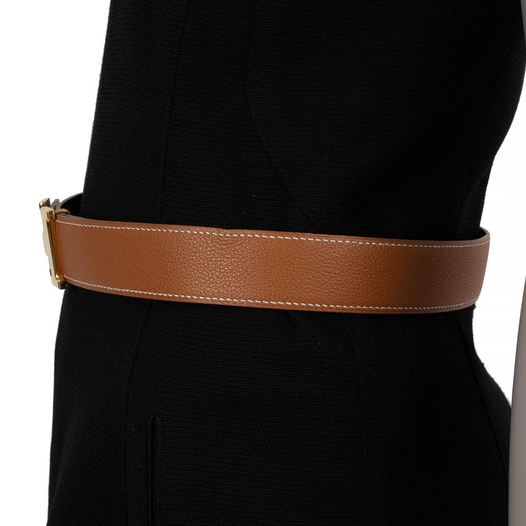 HERMES black and gold leather Reversible 32MM H Buckle Belt  display picture 1
