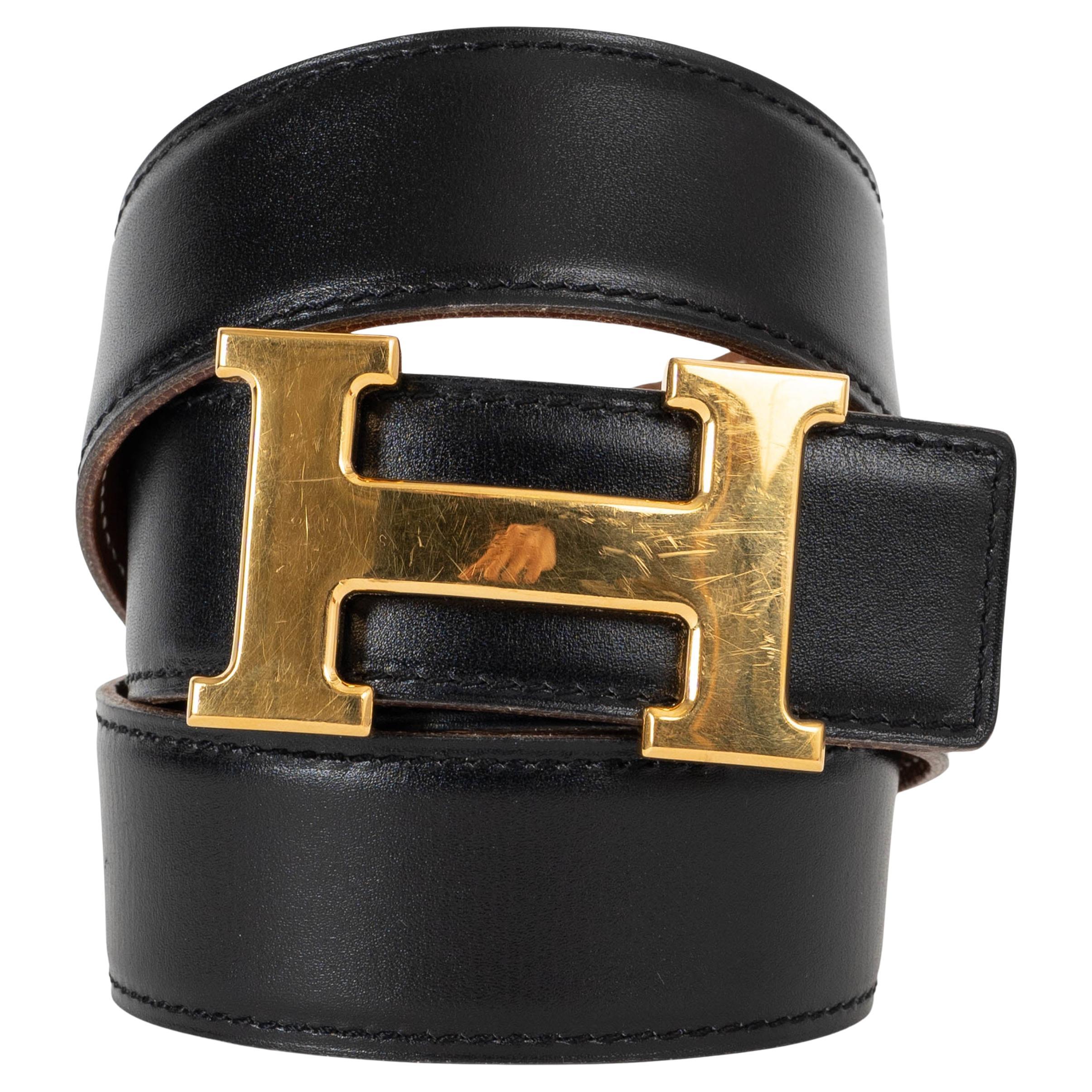HERMES cintura reversibile in pelle nera e oro con fibbia H. H. 80