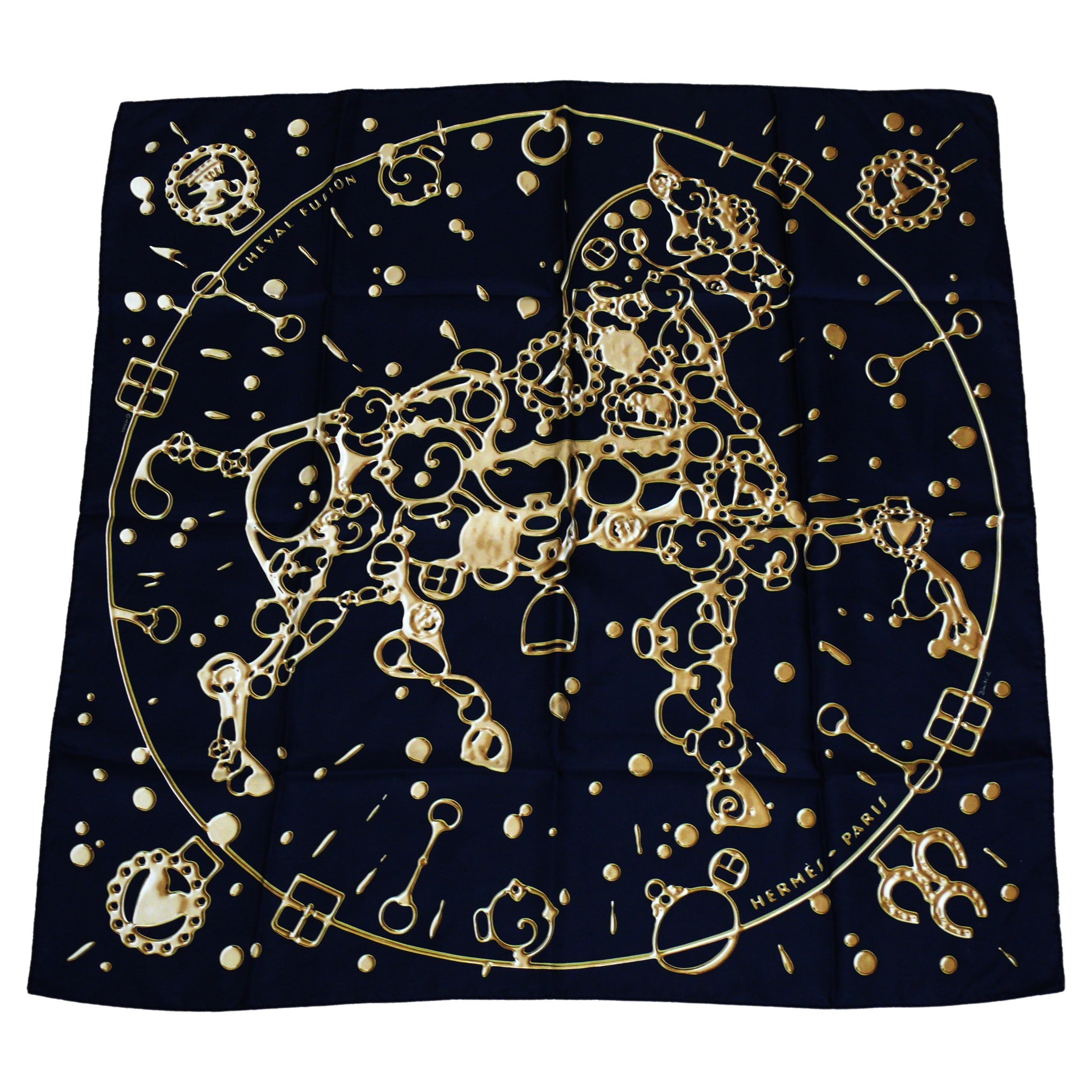 Hermes Black & Gold Silk Carre Scarf Cheval Fusion by Dimitri Rybaltchenko For Sale