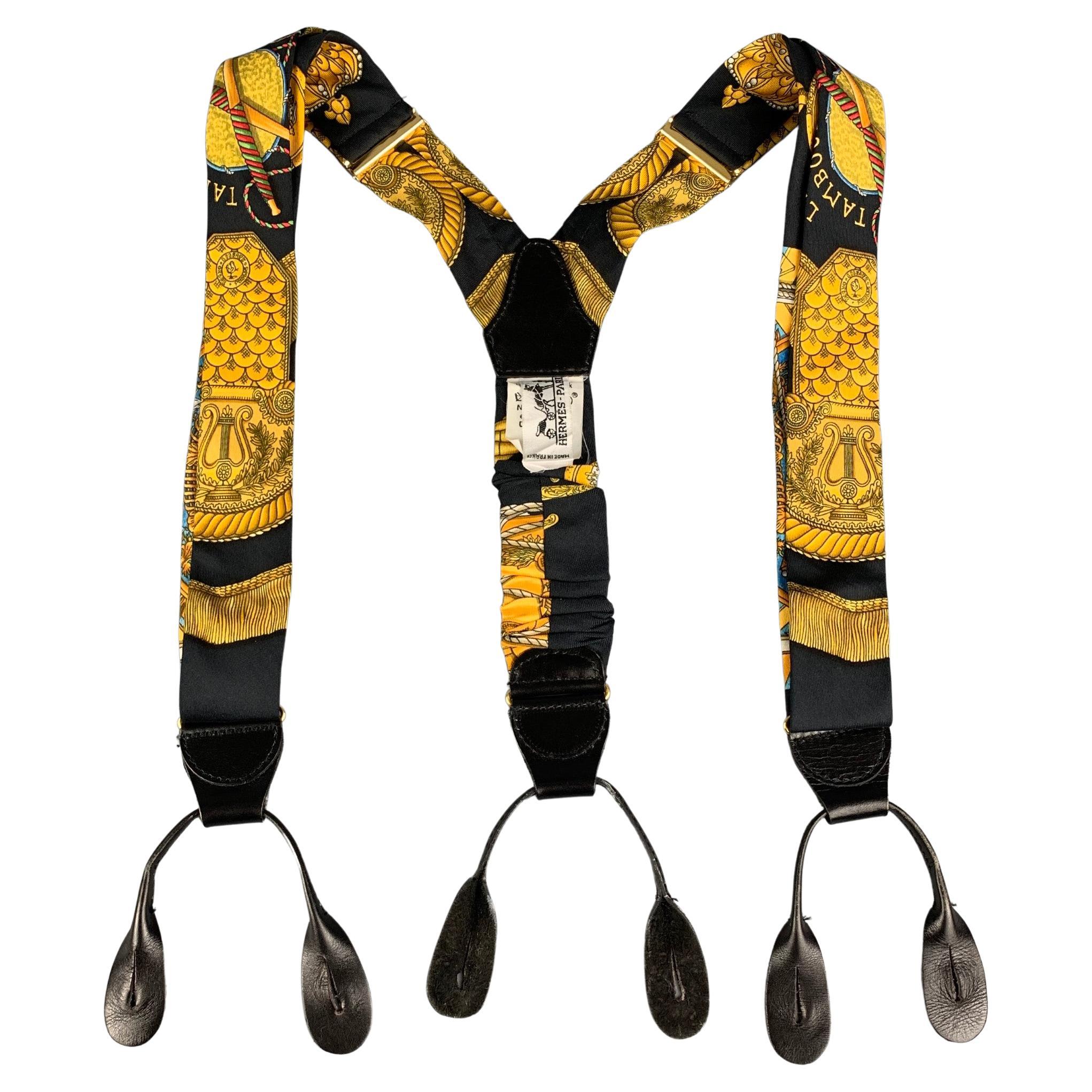 HERMES Black & Gold Silk Leather Suspenders