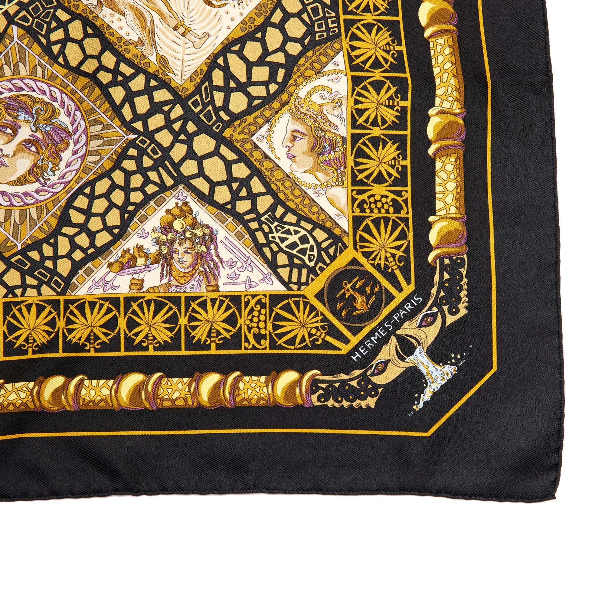 Hermès BLACK & GOLD SILK VINTAGE MARE NOSTRUM SCARF

CONDITION NOTES
The exterior is in exceptional condition with minimal signs of use.
Overall this item is in exceptional pre-owned condition. Please note the majority of the items we sell are