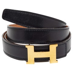 Hermes Black/Gold Togo and Box Leather Constance Reversible Belt 90CM
