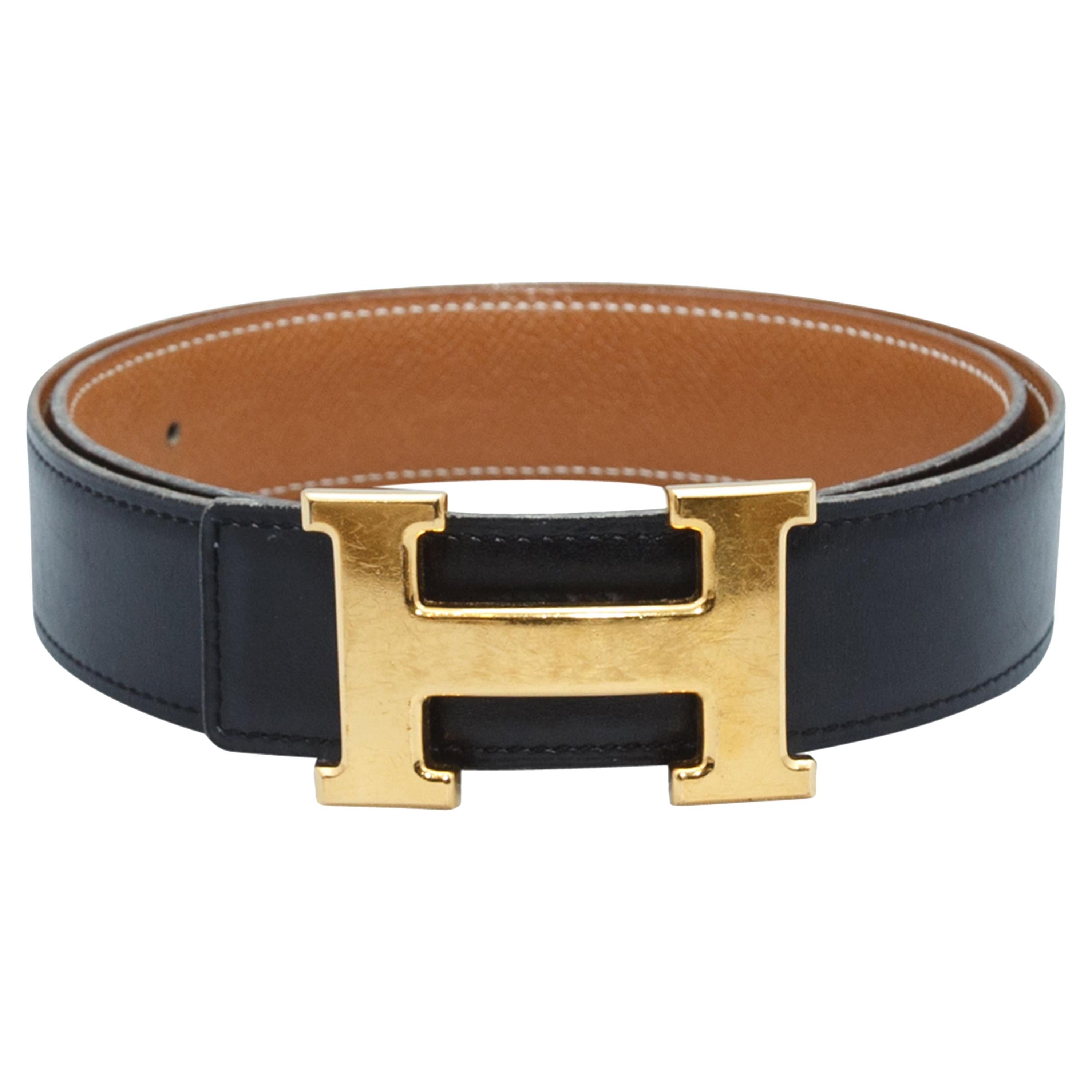 Hermes Black and Gold-Tone Leather Belt 