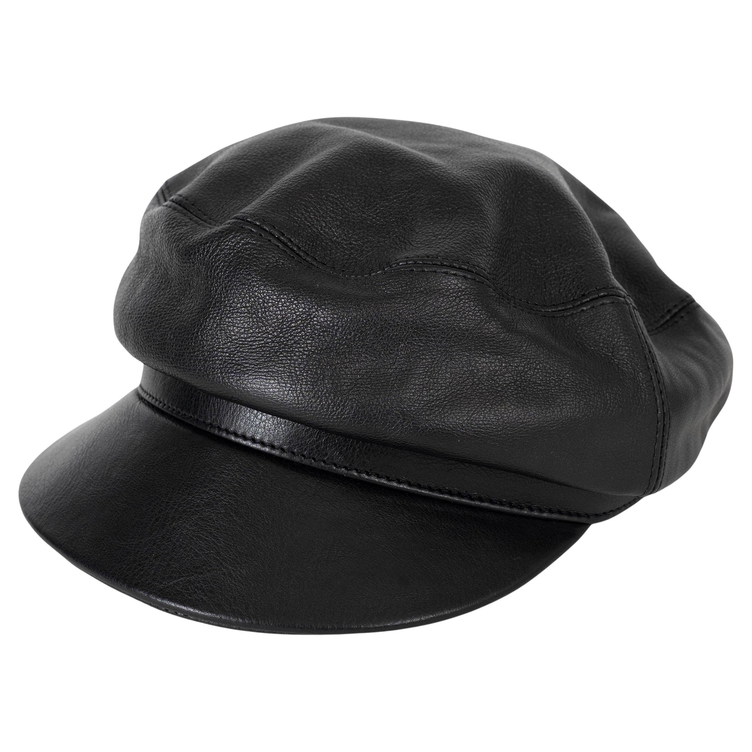 HERMES black grained leather CAP Hat 57