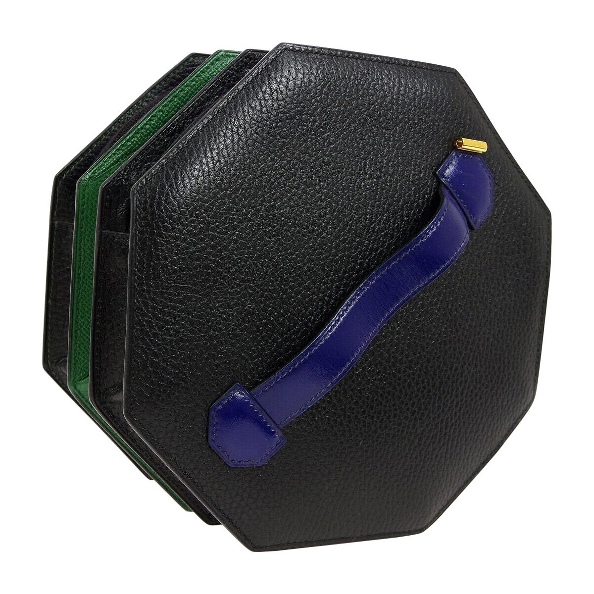 Hermes Black Green Blue Leather 2 in 1 Top Handle Satchel Shoulder
