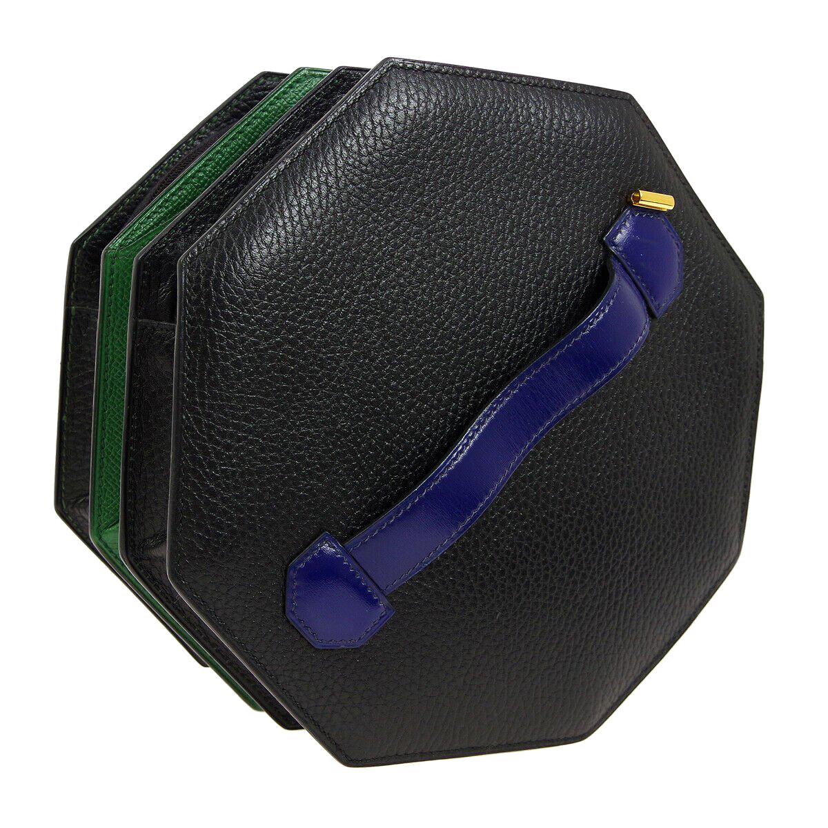Hermes Black Green Blue Leather 2 in 1 Top Handle Satchel Shoulder Accordion Bag
