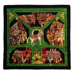 Hermes Black/Green/Brown "La Danse du Cheval Marwari" HorsePrint 90cm Silk Scarf