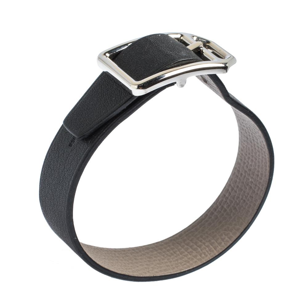 Contemporary Hermes Black & Grey Leather Paddock Simple Tour Reversible Bracelet T3