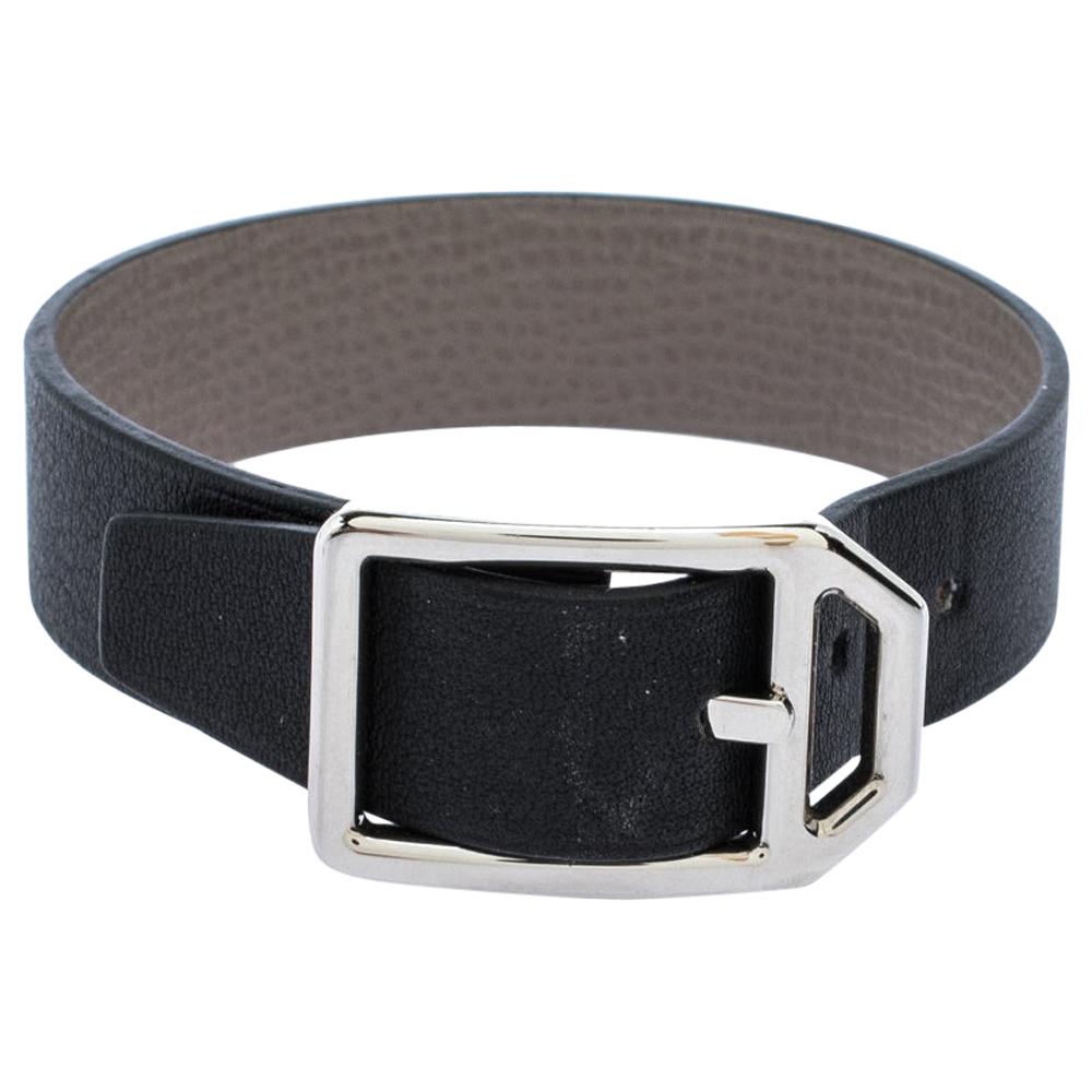 Hermes Black & Grey Leather Paddock Simple Tour Reversible Bracelet T3