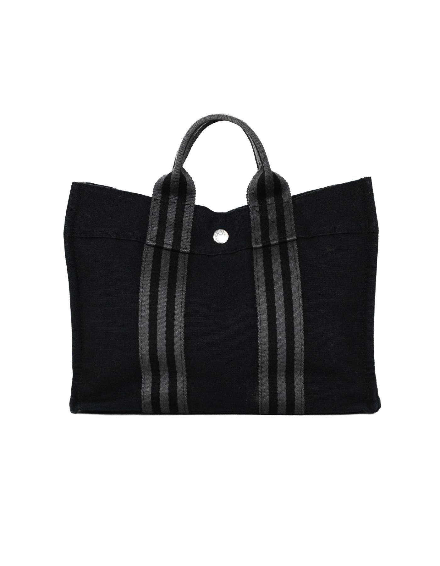 Hermes Black/Grey Stripe Canvas Fourre Tout PM Tote Bag In Excellent Condition In New York, NY