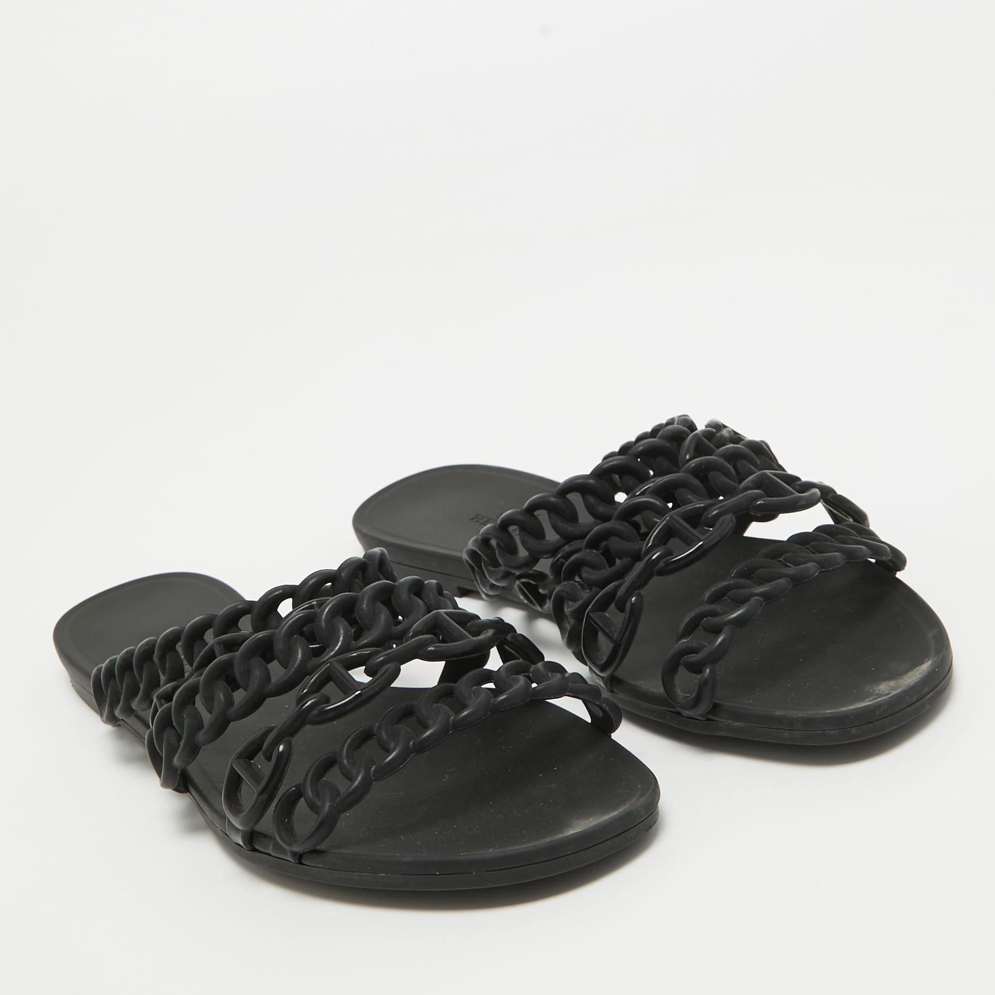 Hermes Black Jelly And Rubber D'ancre Chaine Flat Sandals Size 36 1