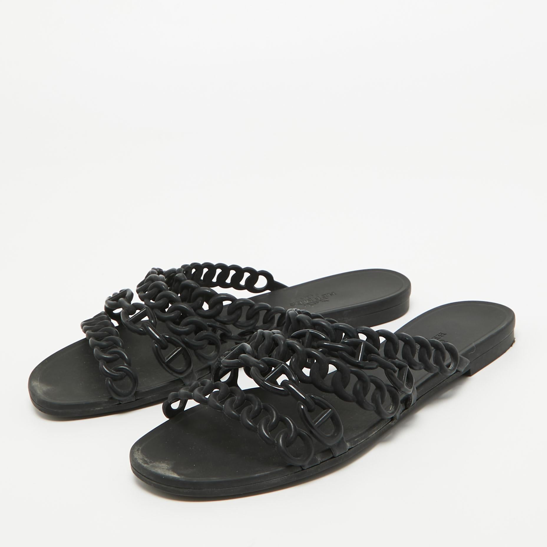 Hermes Black Jelly And Rubber D'ancre Chaine Flat Sandals Size 36 2