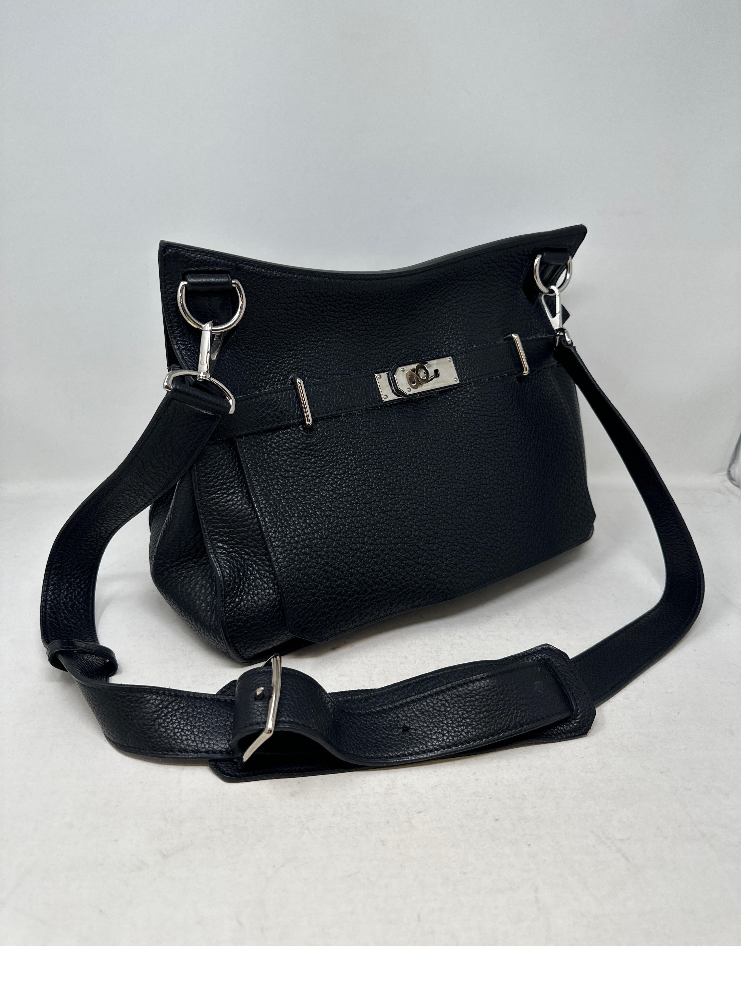 Hermes Black Jypsiere 34 Bag. Crossbody bag. Black leather with silver hardware. Good condition. Light fraying on leather strap. Very light wear. Please see photos. Leather strap and interior clean. Great size for travel or everyday use. Guaranteed