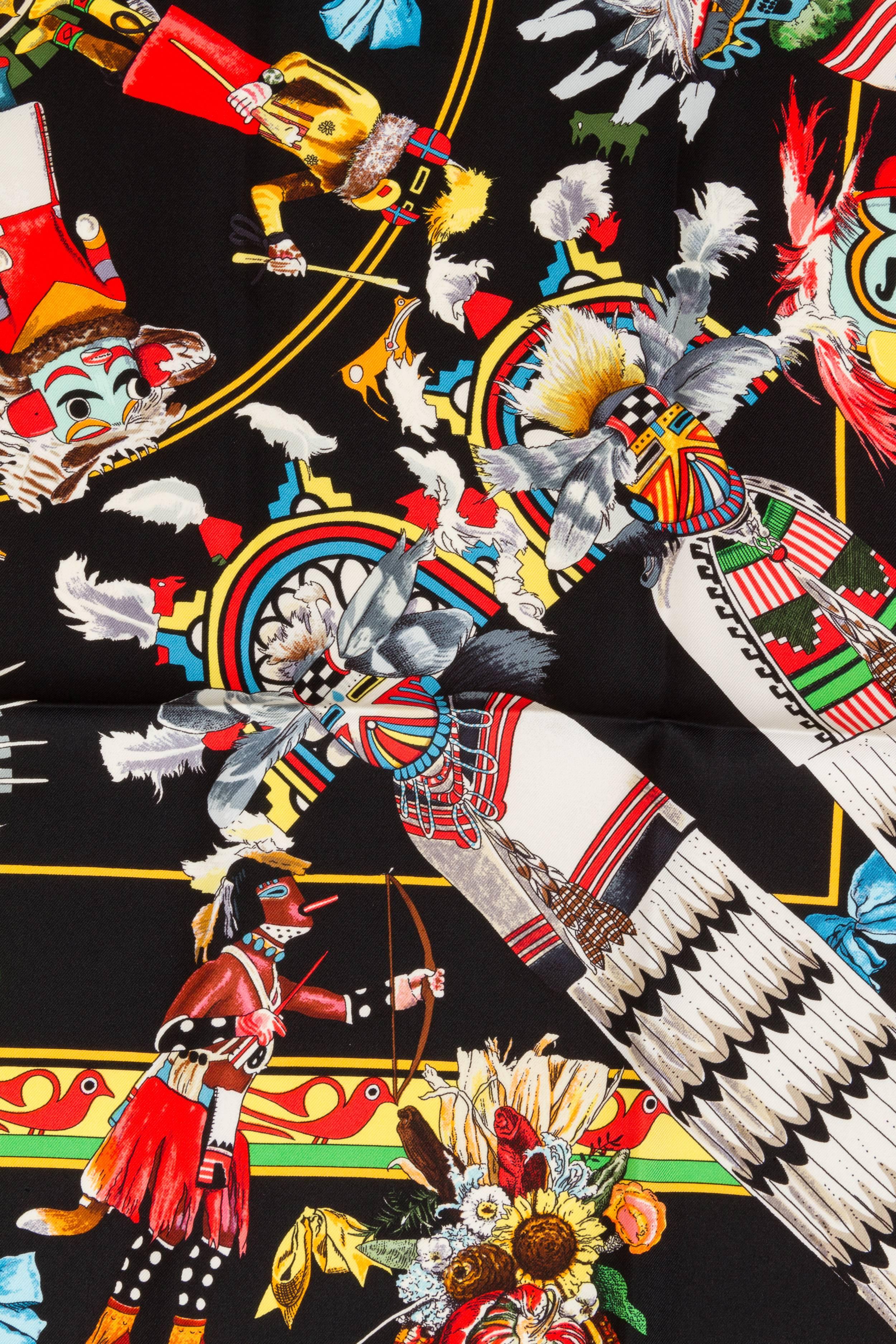 Hermès Black Kachinas Silk Scarf, Oliver In Excellent Condition For Sale In West Hollywood, CA