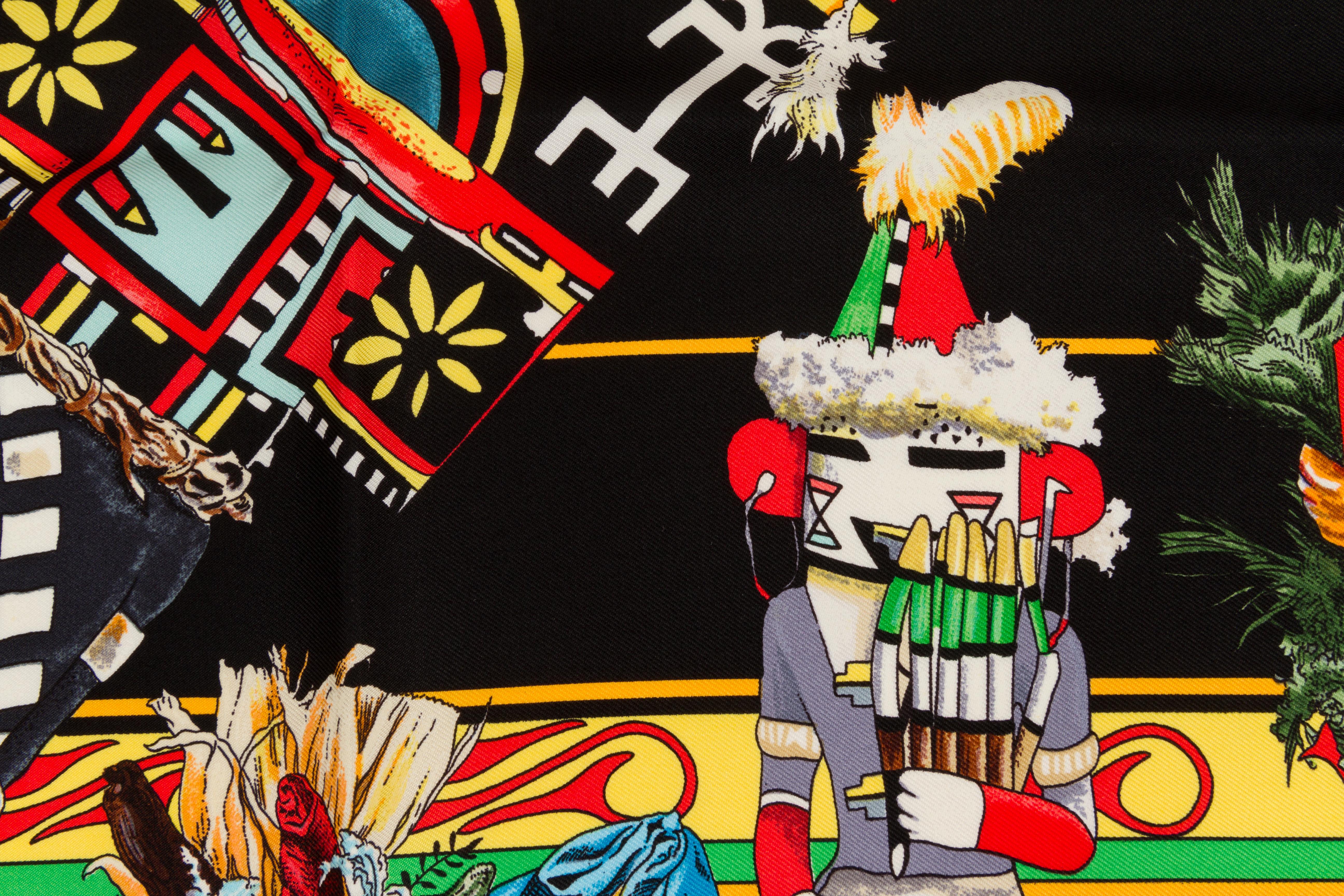 Hermès Black Kachinas Tribal Silk Scarf In Excellent Condition For Sale In West Hollywood, CA