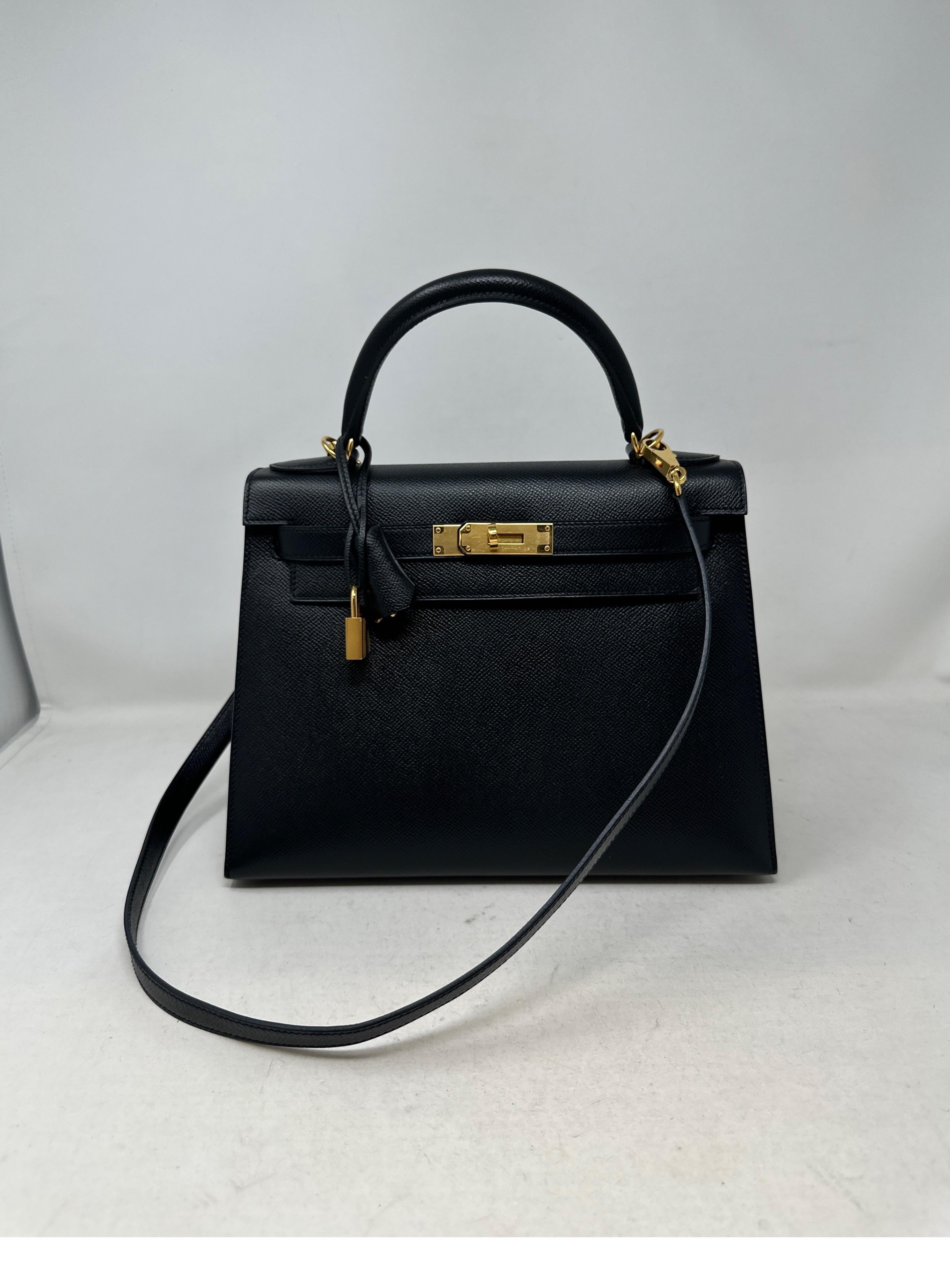 Hermes Black Kelly 28 Bag. Sellier epsom leather in excellent like new condition. Gold hardware. Most wanted smaller size with gold hardware. Black goes with everything. Great investment bag. Includes clochette, lock, keys, and dust bag. Guaranteed