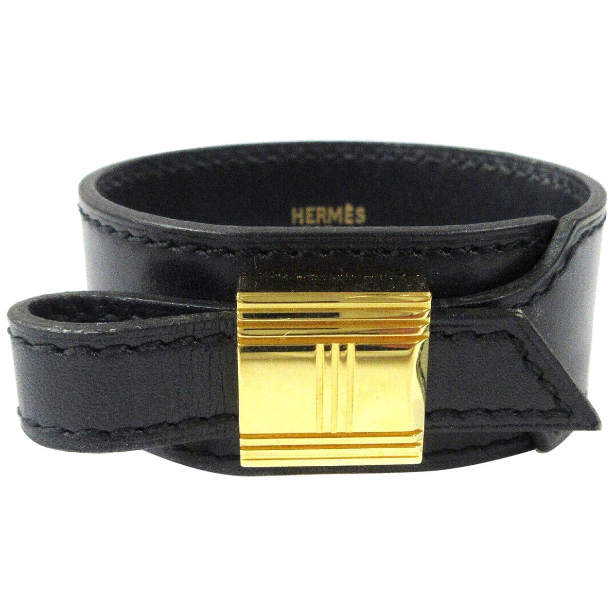 Hermes Black Kelly Cadena Gold Men's Women's Evening Cuff Bracelet in Box
