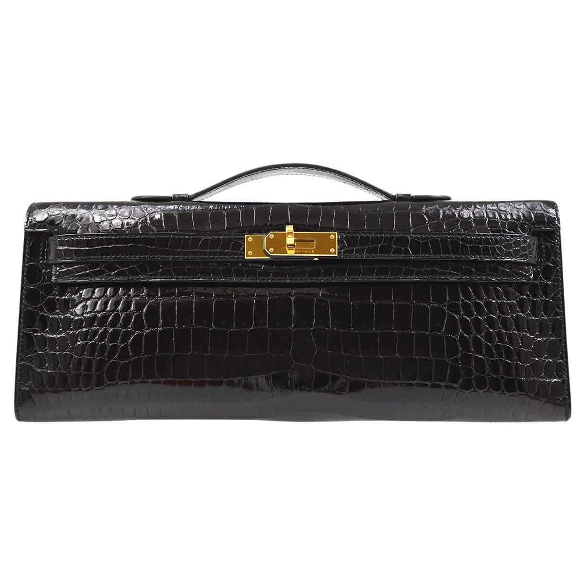 HERMES Black Kelly Cut Porosus Crocodile Exotic Leather Gold Hardware Clutch Bag