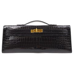 HERMES Black Kelly Cut Porosus Crocodile Exotic Leather Gold Hardware Clutch Bag