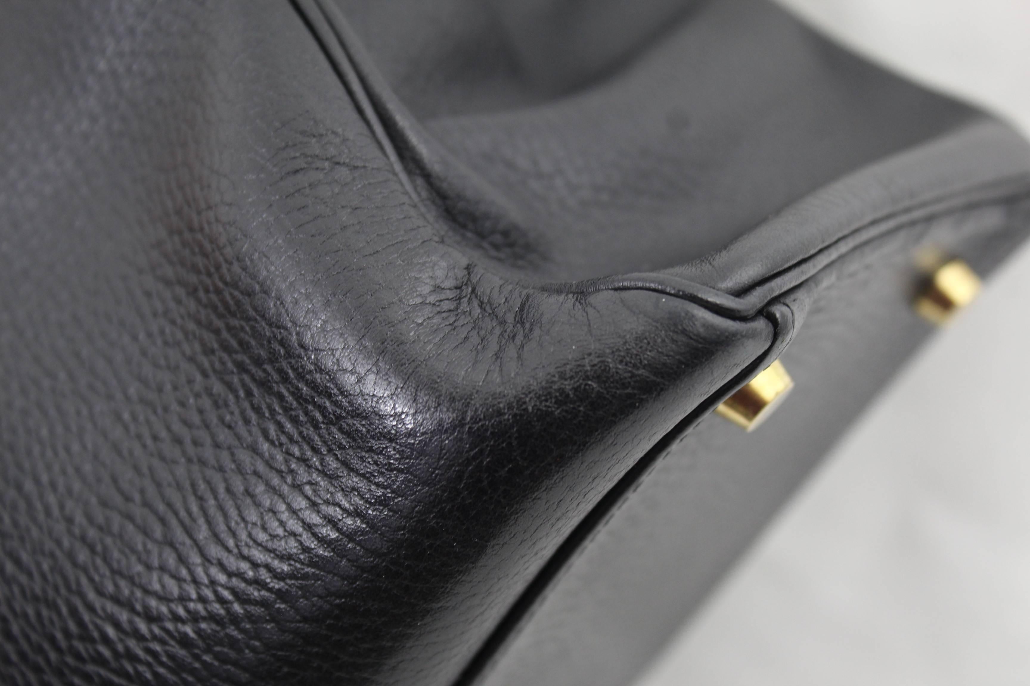 Hermes Black Kelly Vache Ardennes with Ostrich Handle, 1996  In Excellent Condition For Sale In Paris, FR