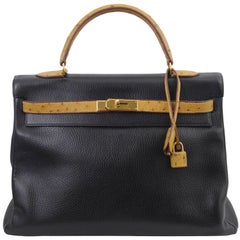 Hermes Black Kelly Vache Ardennes with Ostrich Handle, 1996