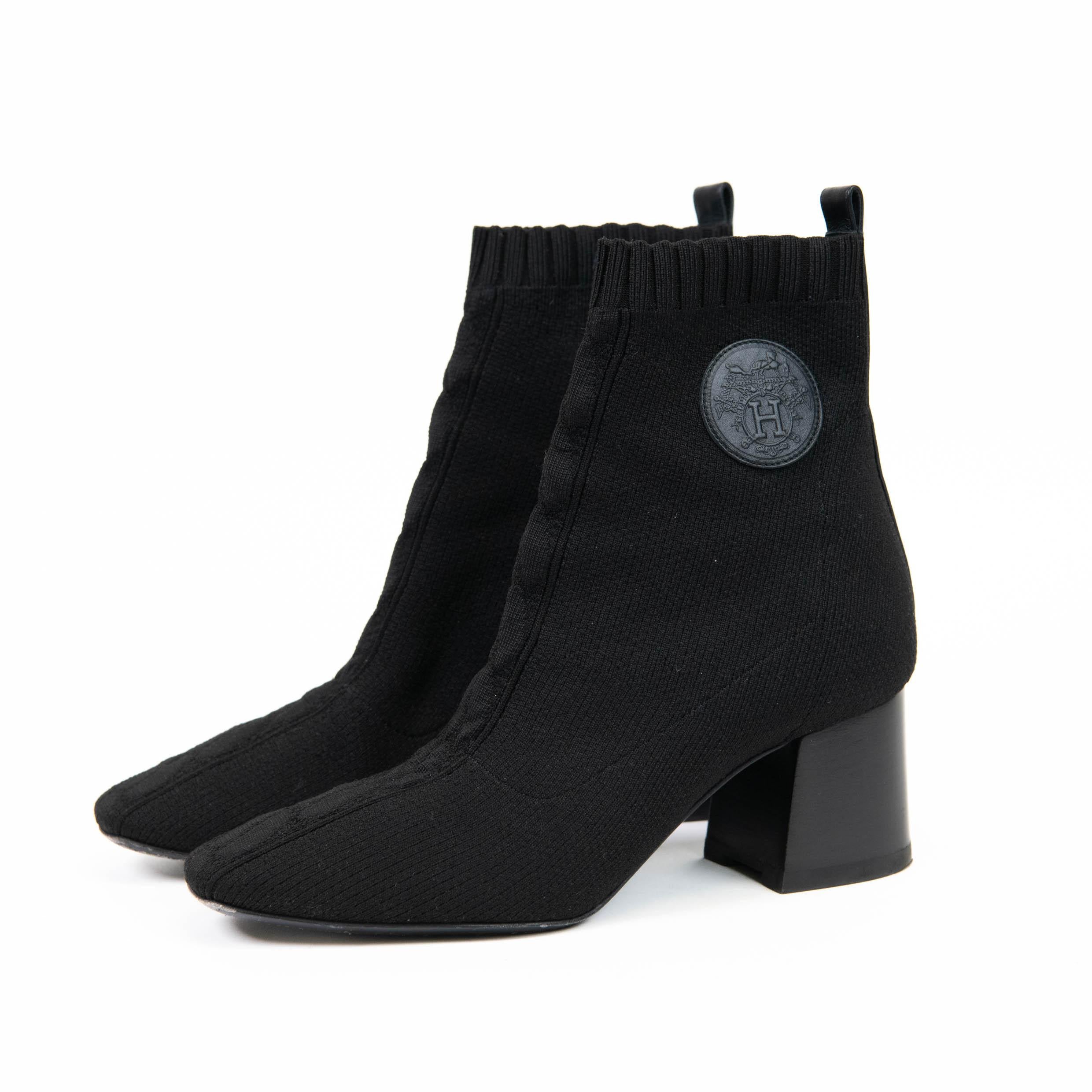 Noir Hermes Black Knit Calfskin Volver 60 Ankle Boot Size 37