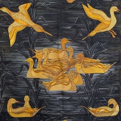 Hermes black LA MARE AUX CANARDS 90 silk twill Scarf
