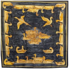 Hermes black LA MARE AUX CANARDS 90 silk twill Scarf