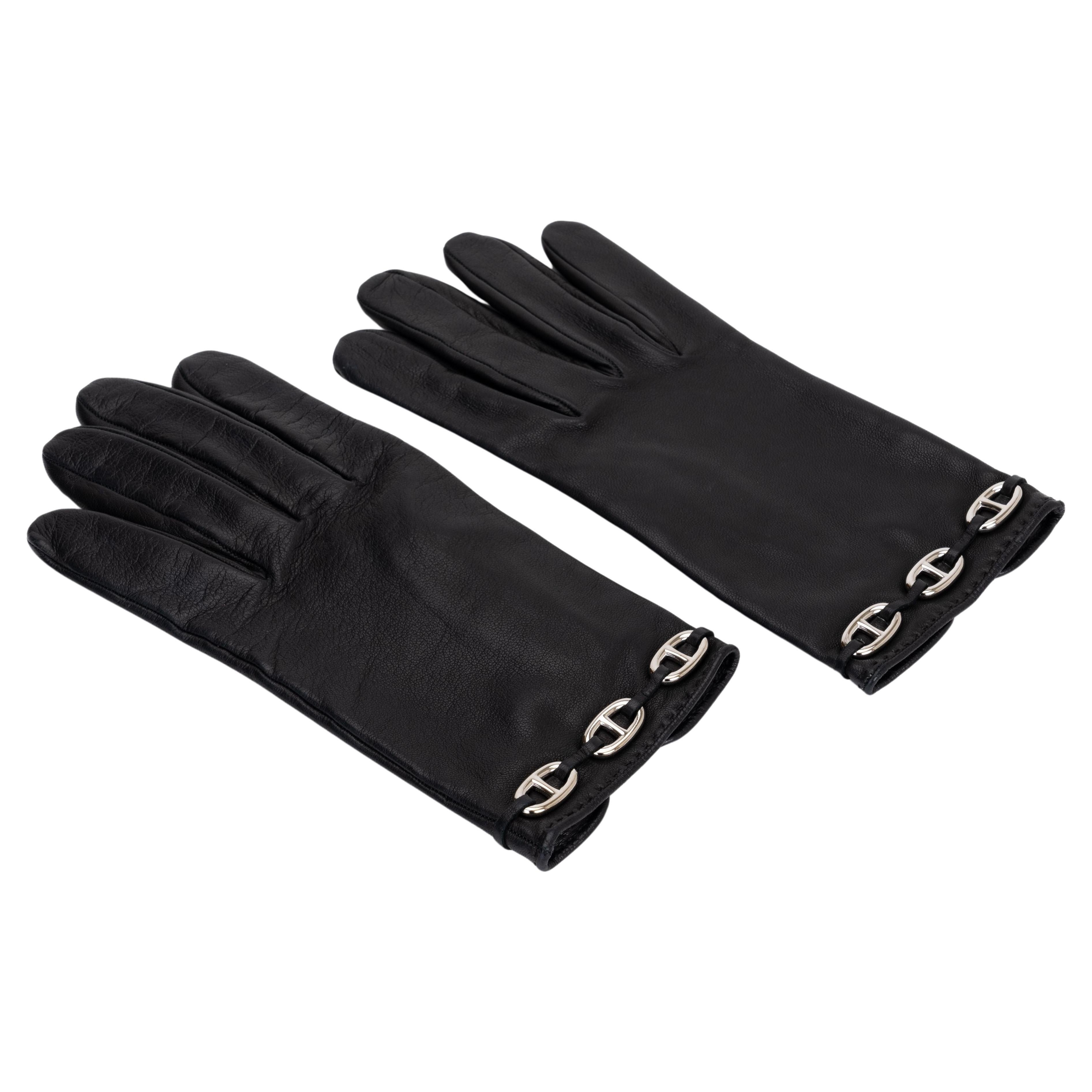 Hermès Black Lamb Chain D Ancre Gloves For Sale