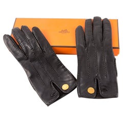 Vintage Hermes Black Lambskin Leather Gloves