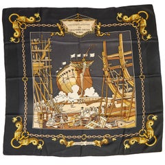 Hermes Black Lancement Silk Scarf