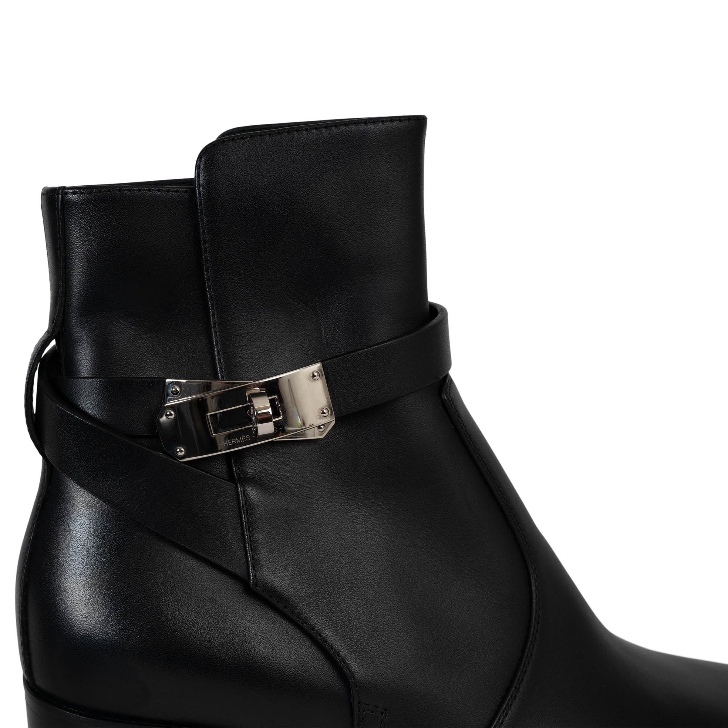 HERMES black leather 2023 FRENCHIE 50 Ankle Boots Shoes 37.5 fit 38 For Sale 2