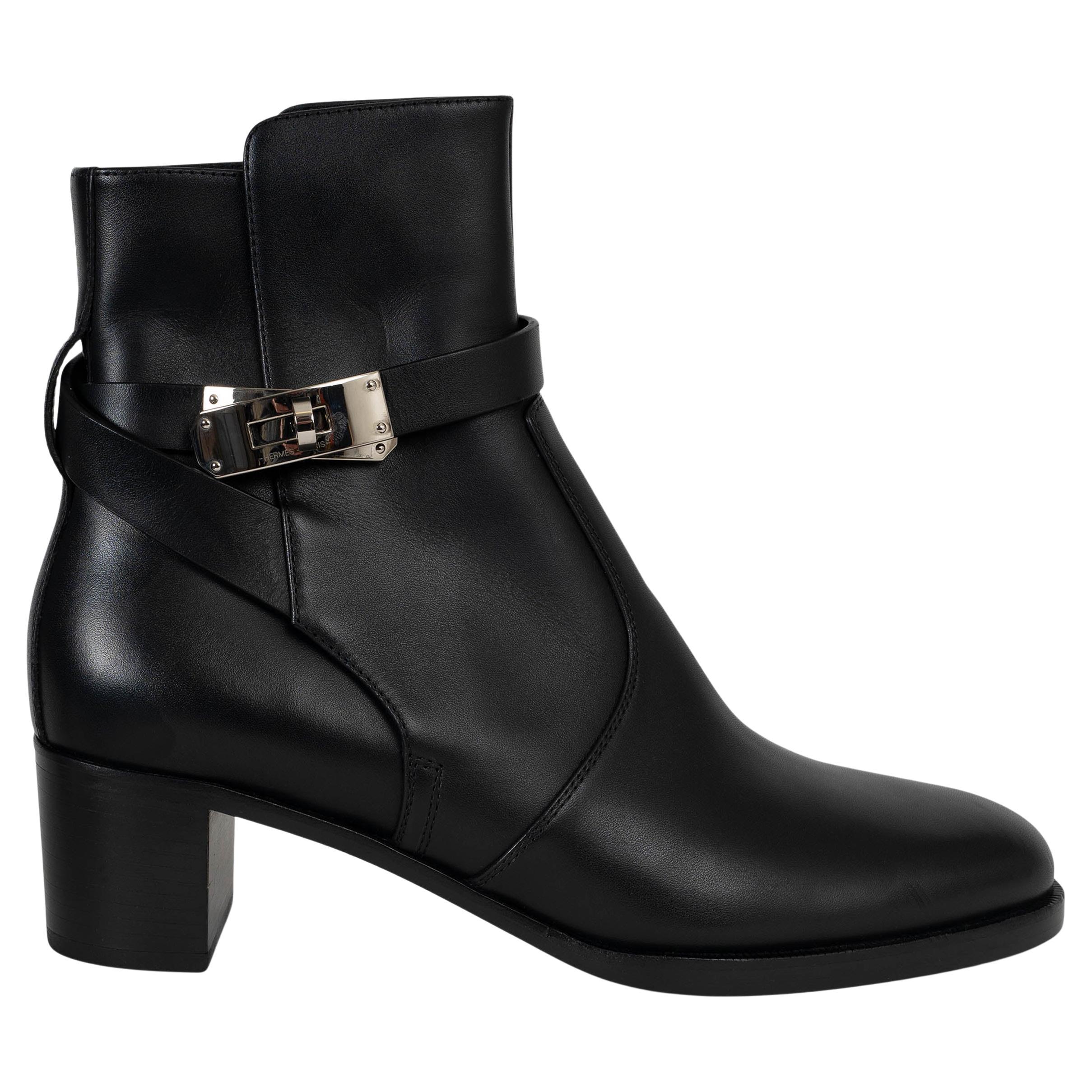 HERMES black leather 2023 FRENCHIE 50 Ankle Boots Shoes 37.5 fit 38 For Sale