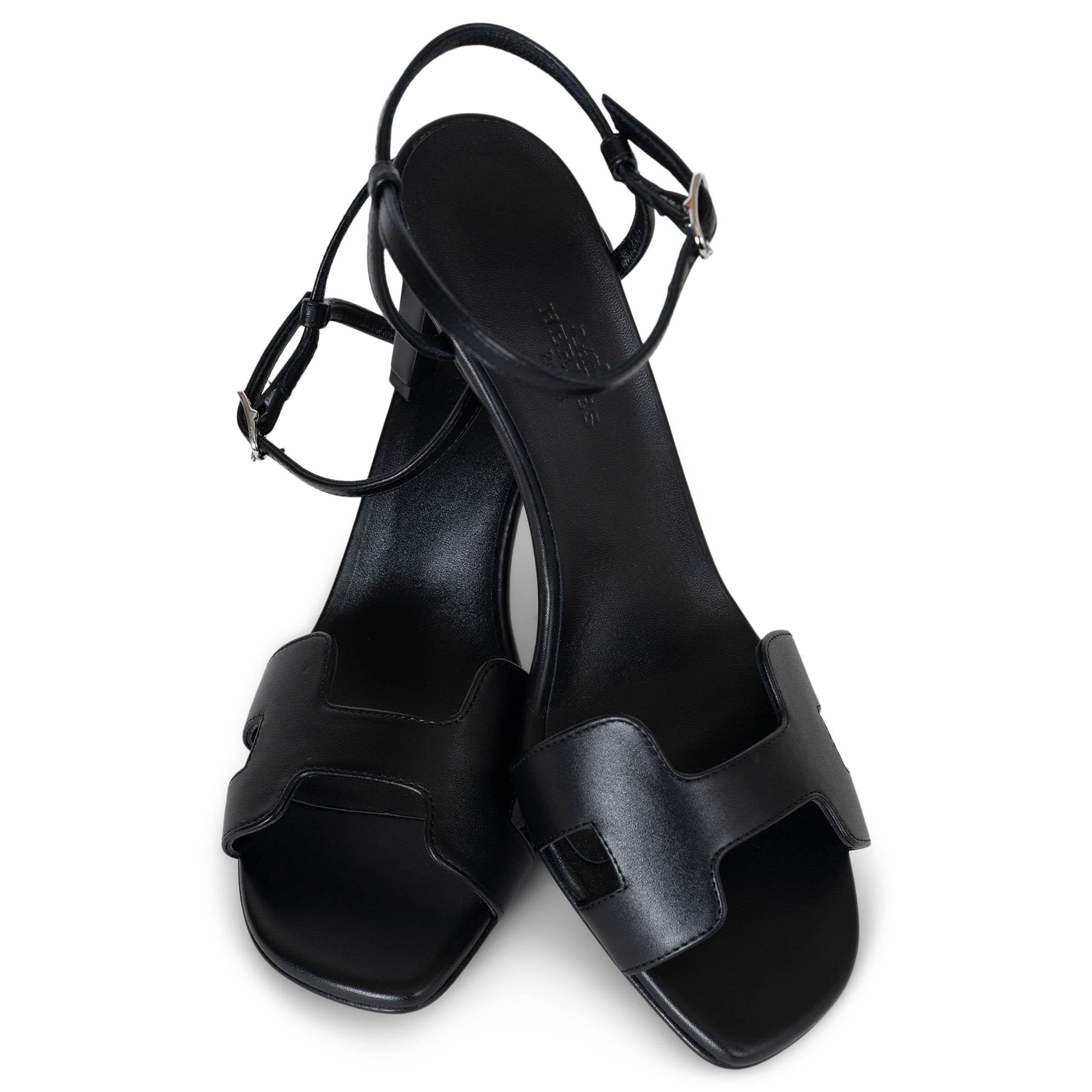 HERMES black leather 2024 HEDEN 80 Sandals Shoes 36 For Sale 1
