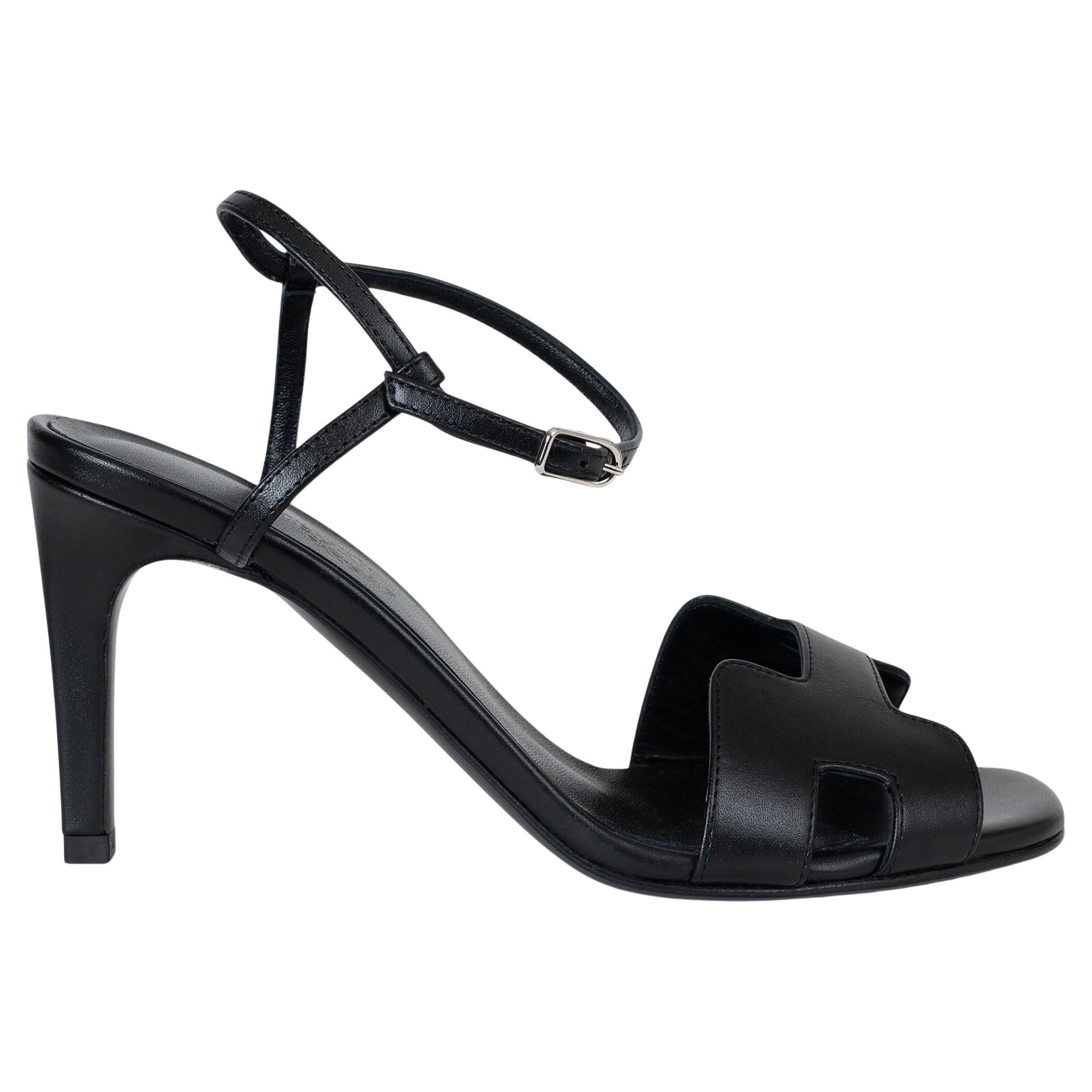 HERMES black leather 2024 HEDEN 80 Sandals Shoes 36 For Sale