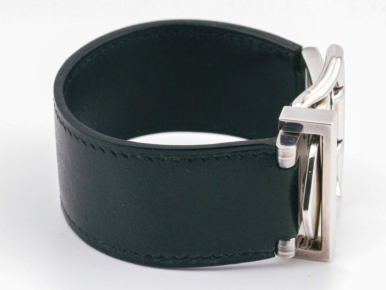 Hermes Black Leather and Sterling Silver Buckle Bracelet For Sale