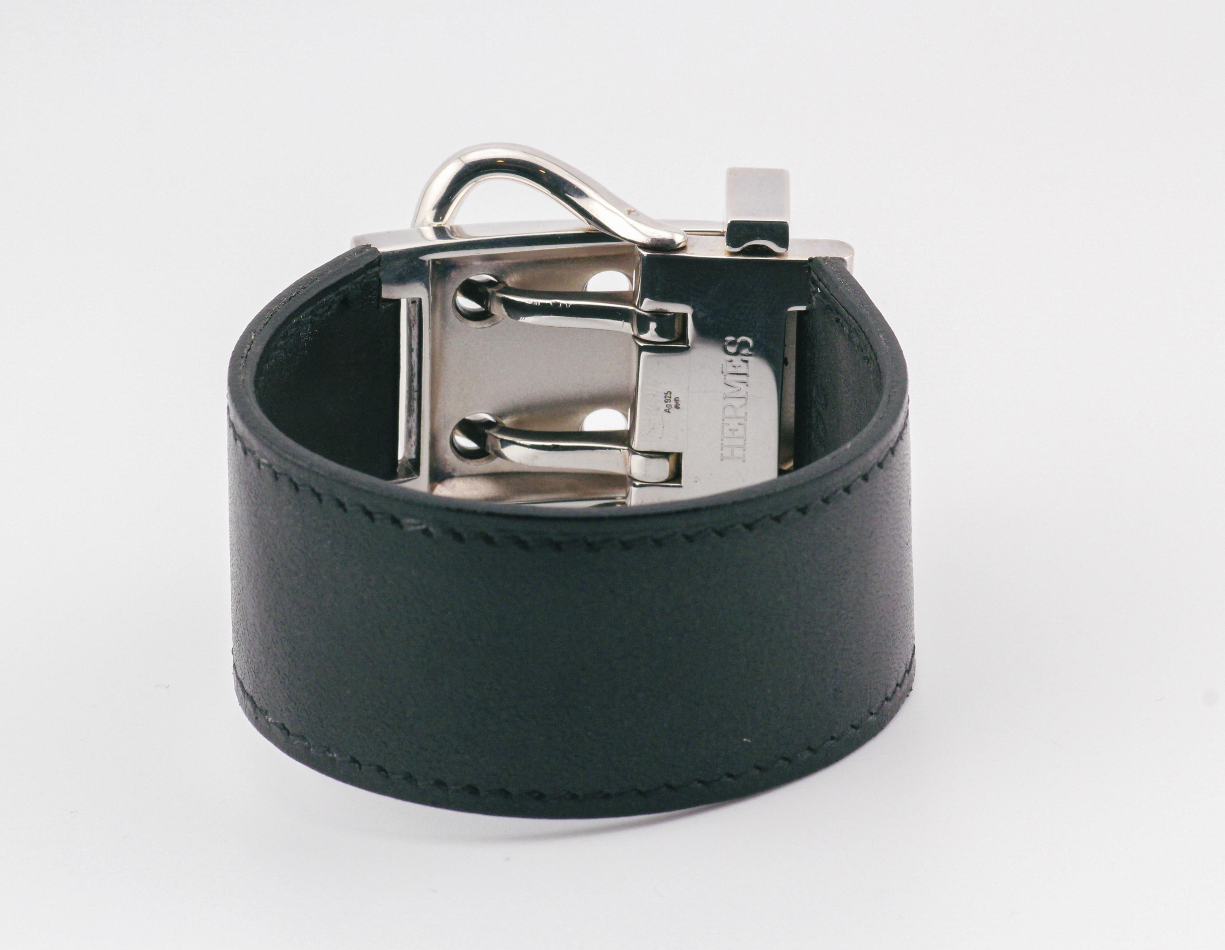 Hermes Armband aus schwarzem Leder und Sterlingsilber mit Schnalle für Damen oder Herren im Angebot