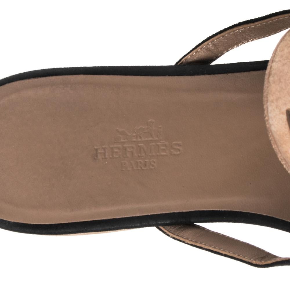 Women's Hermes Black Leather And Suede Galet Chaine D'Ancre Flat Sandals Size 38
