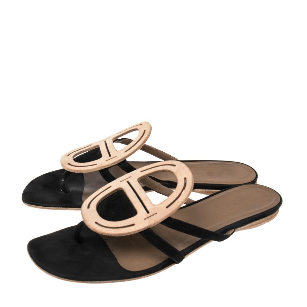 Hermes Black Leather And Suede Galet Chaine D'Ancre Flat Sandals Size 38 1