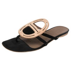 Used Hermes Black Leather And Suede Galet Chaine D'Ancre Flat Sandals Size 38