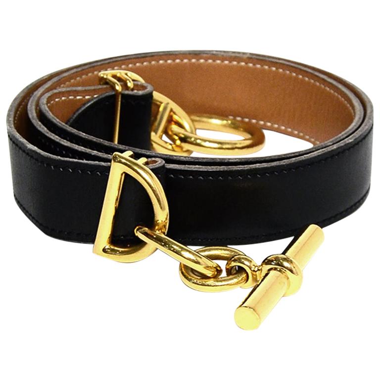 Hermes Black Leather Belt w/ Chain Toggle rt 800 For Sale at 1stDibs