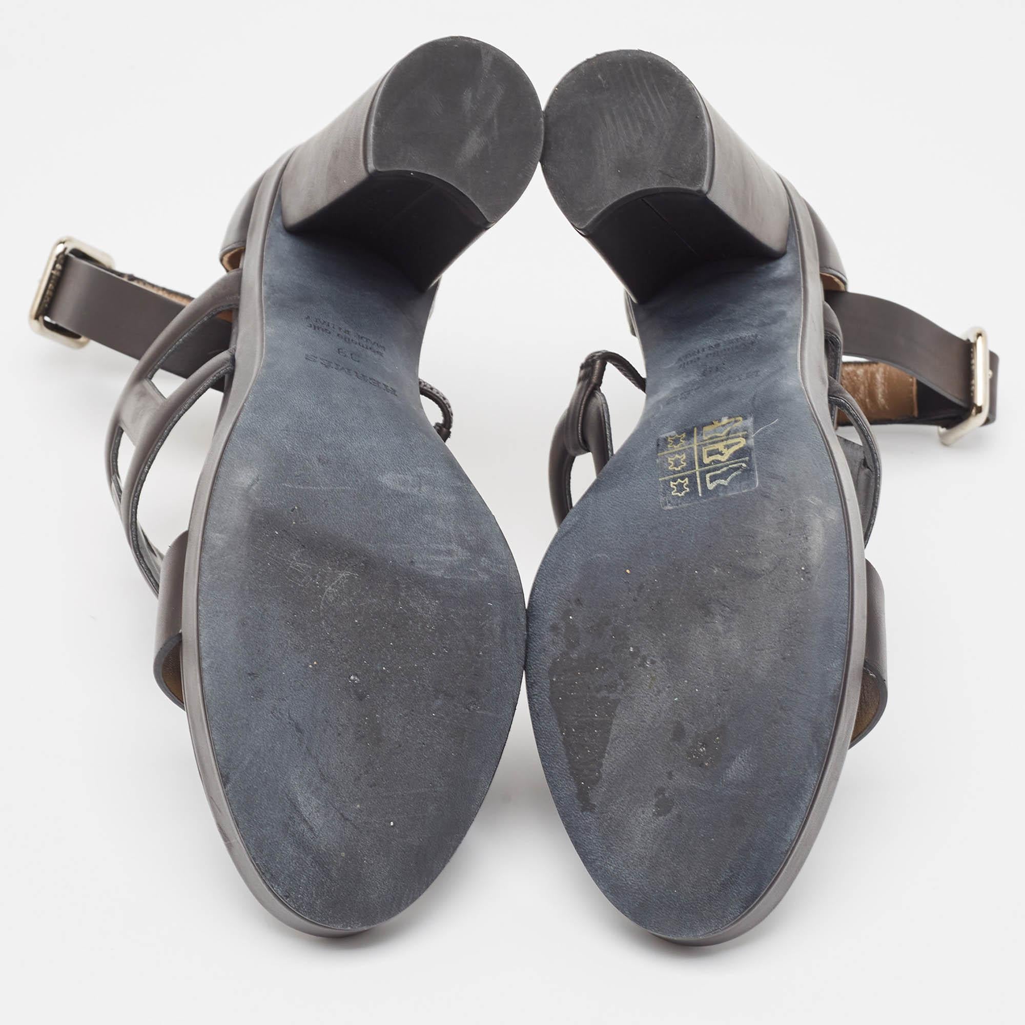 Women's Hermes Black Leather Block Heel Ankle Strap Sandals Size 39