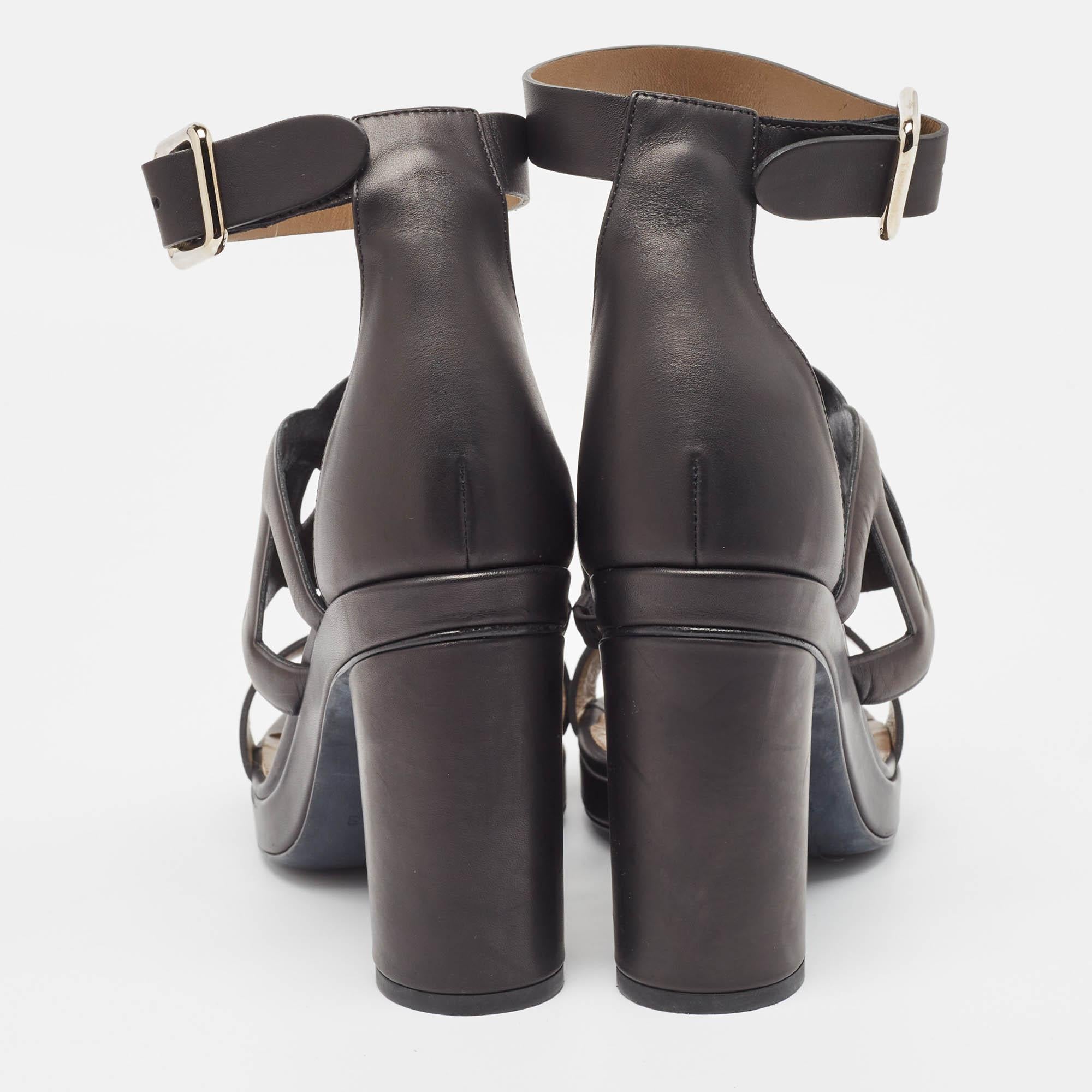 Hermes Black Leather Block Heel Ankle Strap Sandals Size 39 For Sale 1